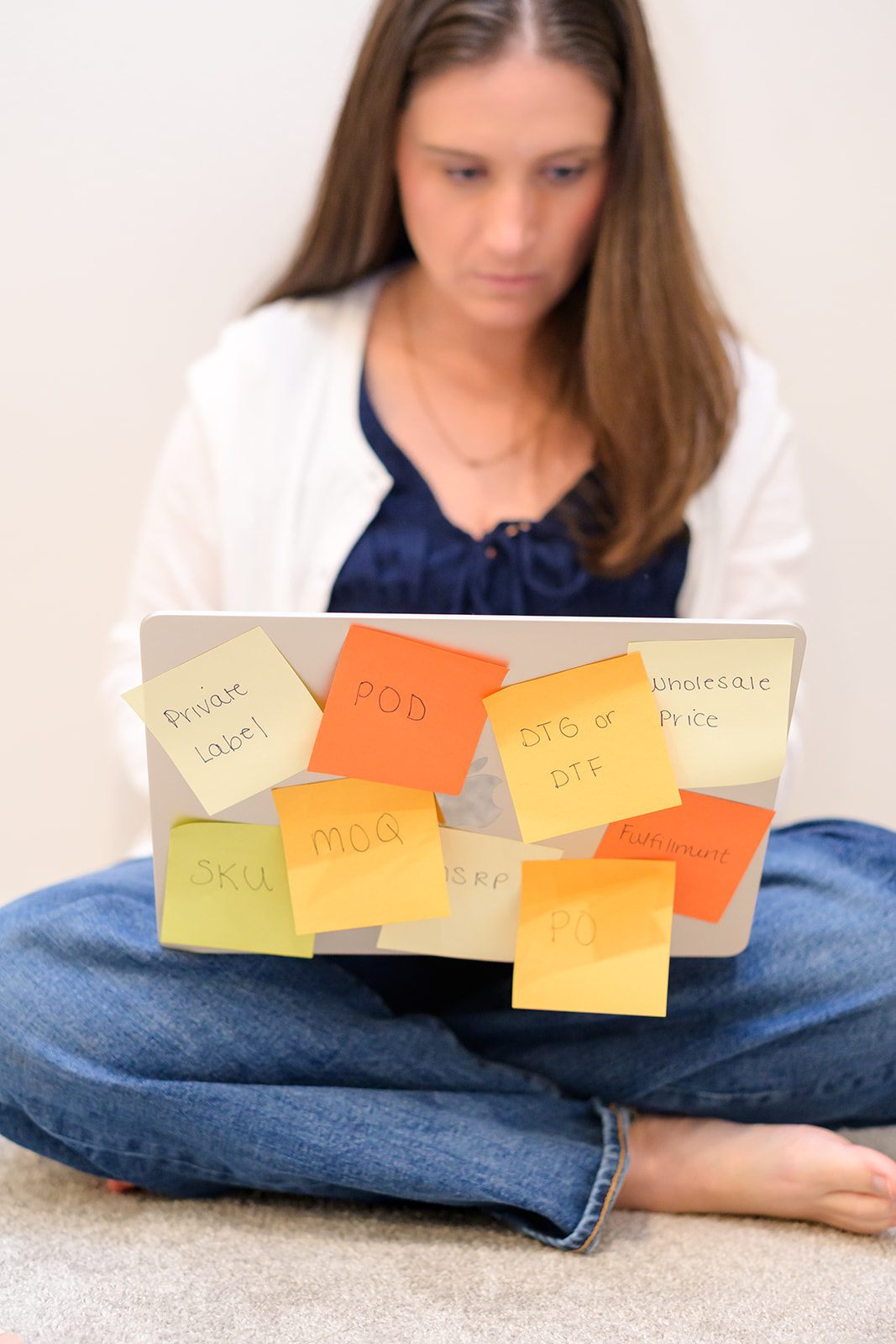 Laptop covered in sticky notes reading POD, SKU, MOQ and wholesale price